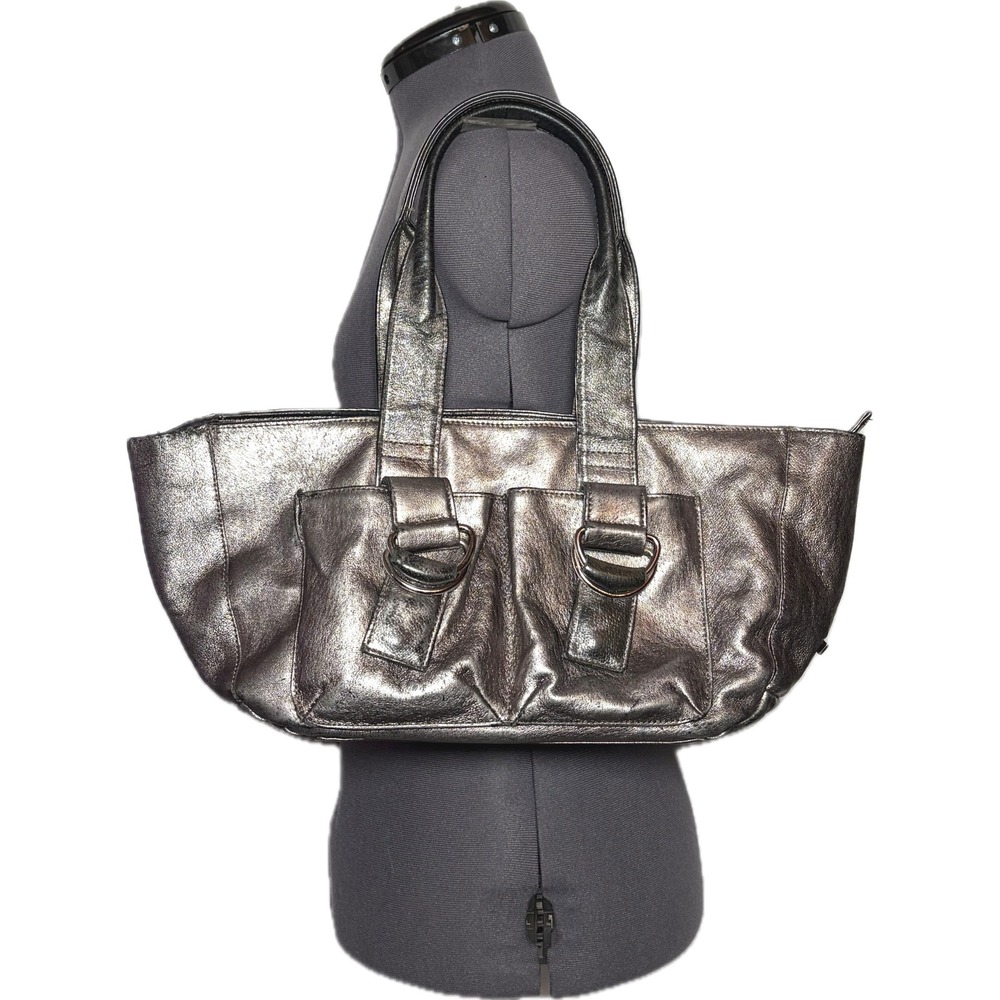 Vtg Y2K Shih Metallic Silver Leather Bag Cyberpunk Goth Punk Rock Grunge STAINED